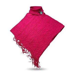 Earthbound Trading Company Pink Knit Poncho Sweater Fringe Turtleneck‎ Button